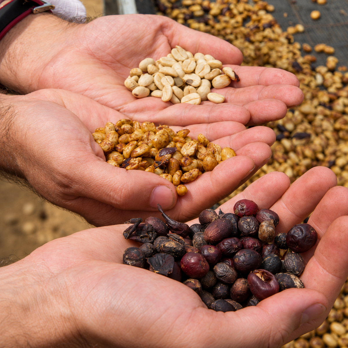 Hands holding coffee cherries and beans showing natural, honey and washed coffee processing.