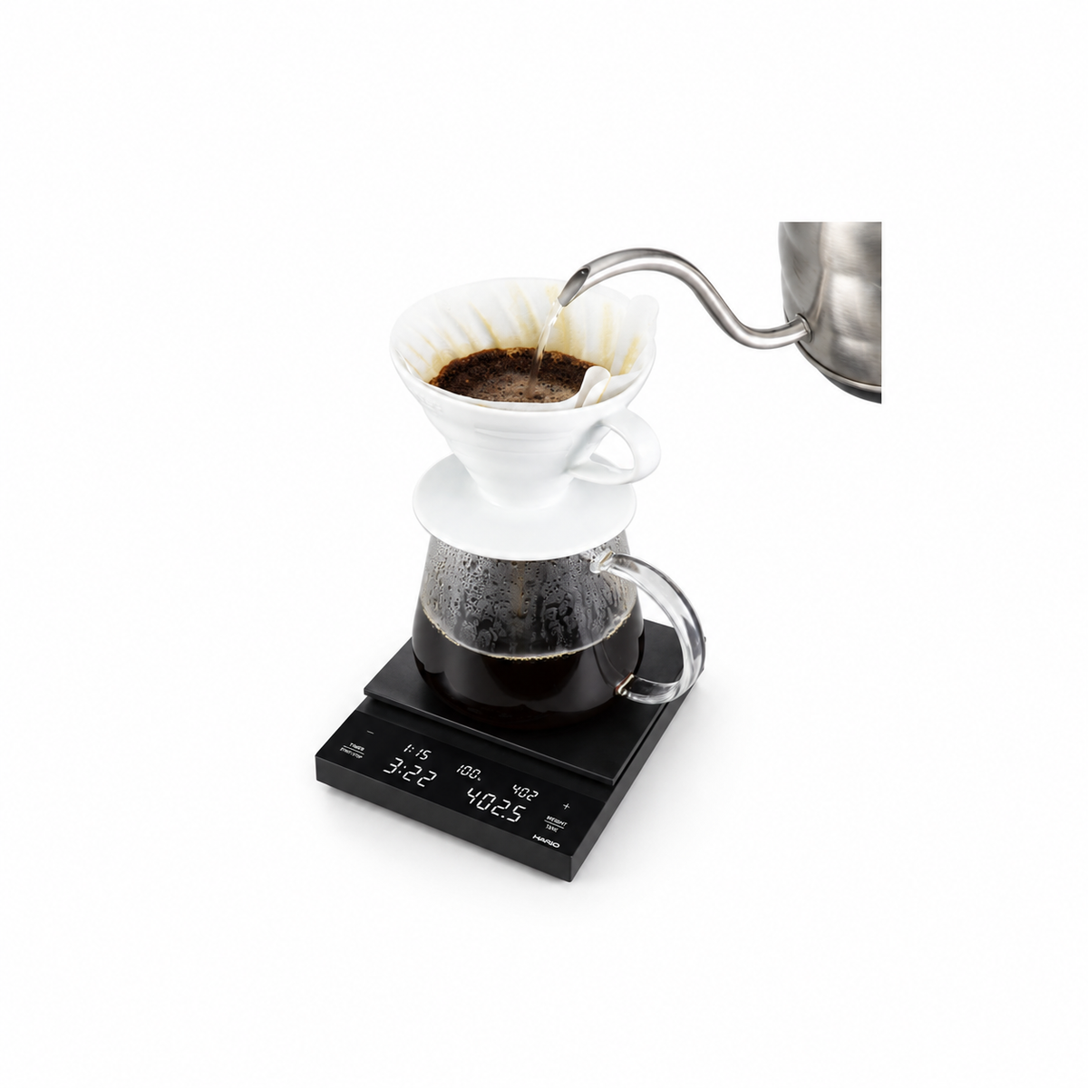 Hario Polaris digital coffee scale with timer for pour-over brewing, available at Sortie Coffee in Thessaloniki.